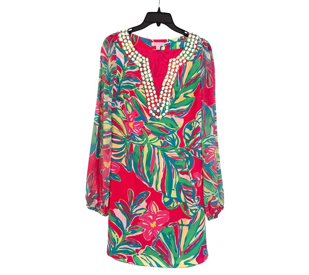 Lilly Pulitzer Silk Beaded Neck Tropical Floral Shift Dress Pink Green 0 XS